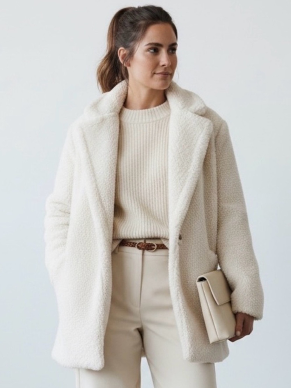 Alice + Olivia Ivory Faux Fur Teddy Coat Shawl Collar Size M